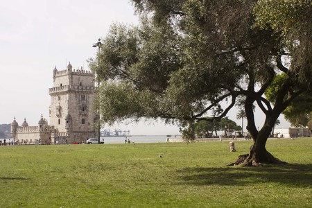 View from the distance of Belem Tower in Lisbon, with trees in the foregroundのeditorial素材