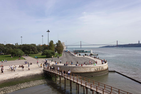 LISBON, PORTUGAL - OCTOBER 24 2014: View of Tagus River and 25th of April bridge  from the Belem...
