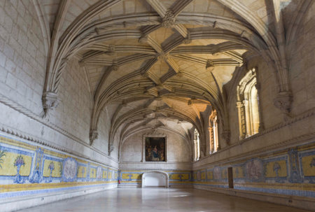 LISBON, PORTUGAL - OCTOBEr 24 2014: Room interiors of Jeronimos monastery in Lisbon, with vaulted ceiling and azulejos on the boardsのeditorial素材