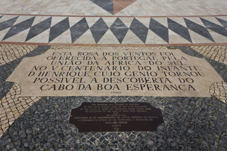LISBON, PORTUGAL - OCTOBER 24 2014: Close up of the texts of the Compass Rose Mosaic in Lisbon, Portugalのeditorial素材