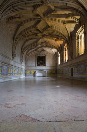 LISBON, PORTUGAL - OCTOBEr 24 2014: Room interiors of Jeronimos monastery in Lisbon, with vaulted ceiling and azulejos on the boardsのeditorial素材
