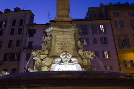 ROME, ITALY - DECEMBER 30 2014: Architectural close up of the Fountain of the Pantheon in Rome at nightのeditorial素材