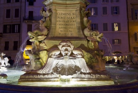 ROME, ITALY - DECEMBER 30 2014: Architectural close up of the Fountain of the Pantheon in Rome at nightのeditorial素材