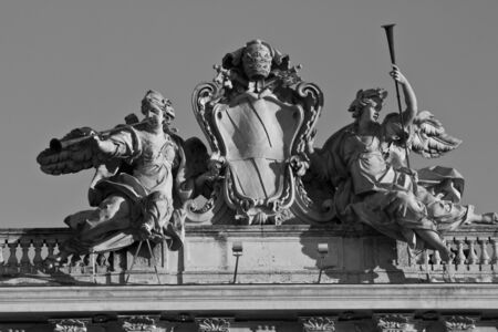 ROME, ITALY - DECEMBER 30 2014: Close up detail of the statue on the top of Palazzo della Consulta in Rome, Italy. Black and white editedのeditorial素材