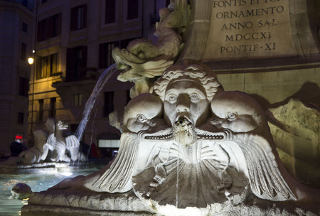 ROME, ITALY - DECEMBER 30 2014: Architectural close up of the Fountain of the Pantheon in Rome at nightのeditorial素材