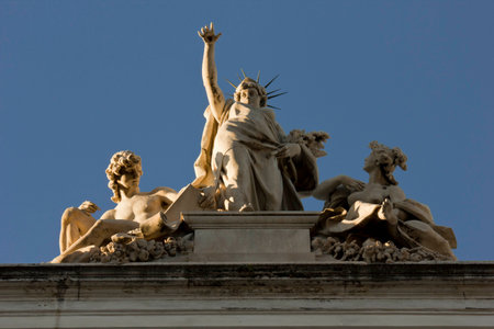 ROME, ITALY - DECEMBER 30 2014: Statues on the top of Palazzo delle Esposizioni in Rome, Italyのeditorial素材