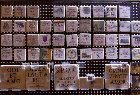ROME, ITALY - DECEMBER 30 2014: Magnet display in Rome, with latin phrases about Italian Capital