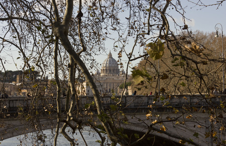ROME, ITALY - DECEMBER 31 2014: View of Saint Peter Basilica 's dome  behind the trees, and River Tiber in Rome, Italyのeditorial素材