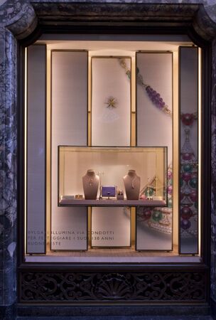 ROME, ITALY - DECEMBER 31 2014: Window display close up of a Bulgari Window in Rome, with its jewelry productsのeditorial素材