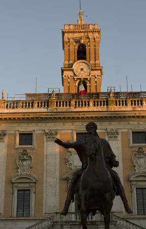 ROME, ITALY - JANUARY 1 2015: Equestrian Statue of Marcus Aurelius in front of the Senatorio Palace  in Rome, Italyのeditorial素材