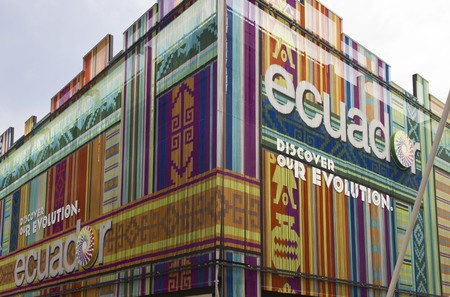 MILAN, ITALY - JUNE 29 2016: Colorful facade of Ecuador Pavilion at Expo 2015 in Milanのeditorial素材