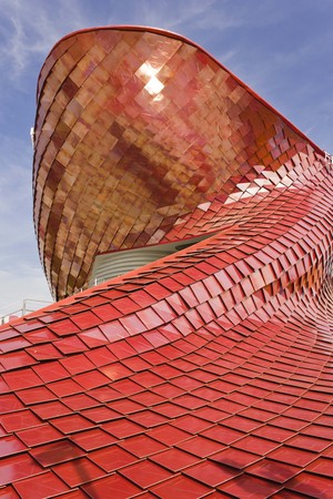 MILAN, ITALY - JUNE 29 2015: Architectural view of Vanke Pavilion at Expo 2015 in Milan, realized with red ceramicのeditorial素材