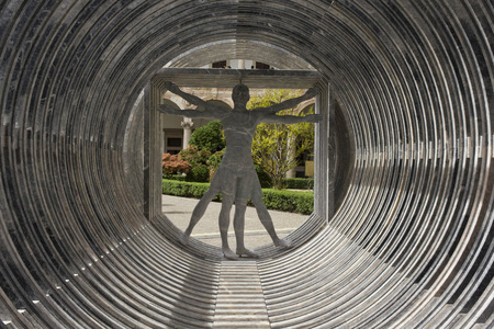 MILAN, ITALY - APRIL 14 2015: Design installation by the Lebanese architect Bernard Khoury Margraf at Milan public university, showing the vitruvian man made in marbleのeditorial素材