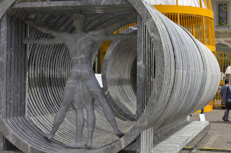 MILAN, ITALY - APRIL 14 2015: Design installation by the Lebanese architect Bernard Khoury Margraf at Milan public university, showing the vitruvian man made in marbleのeditorial素材