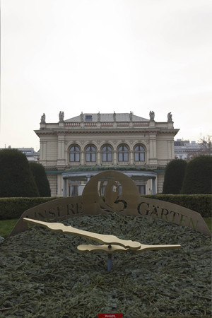 VIENNA, AUSTRIA - JANUARY 1 2016: Architectural close up of Unsere Garten clock in front of Kursalon building in Vienna city Park, nobody aroundのeditorial素材