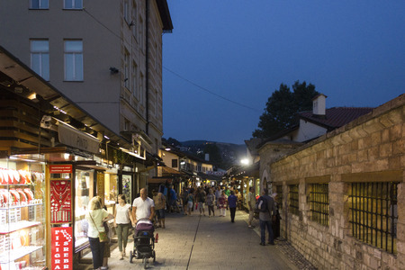 SARAJEVO, BOSNIA AND HERZEGOVINA - AUGUST 19 2017: People at night in Sarajevo city centre, Bascarsijia districtのeditorial素材