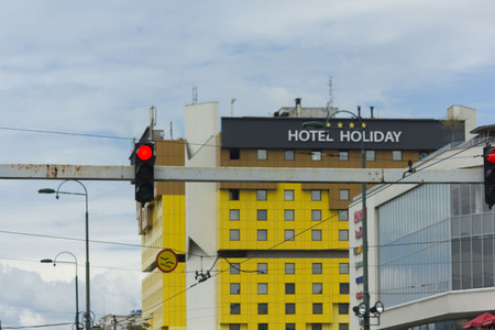 SARAJEVO, BOSNIA AND HERZEGOVINA - AUGUST 21 2017: Hotel Holiday in Sarajevo after the renovation works, it was one of the military target during the warのeditorial素材