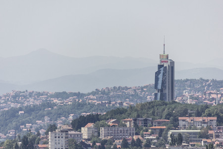 SARAJEVO, BOSNIA AND HERZEGOVINA - AUGUST 19 2017: View from the top of Sarajevo city, with the Avaz Tower skyscraperのeditorial素材