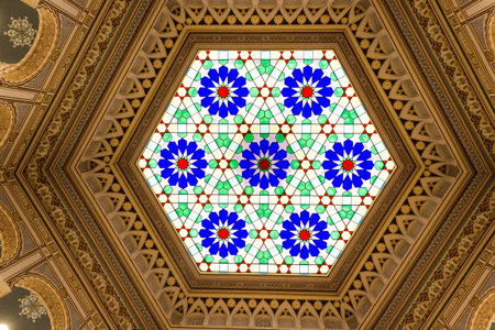 SARAJEVO, BOSNIA AND HERZEGOVINA - AUGUST 20 2017: Hexagonal glass ceiling of Sarajevi City hall