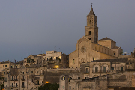 MATERA, ITALY - AUGUST 24 2017: View at twilight of the historic Matera Cathedralのeditorial素材