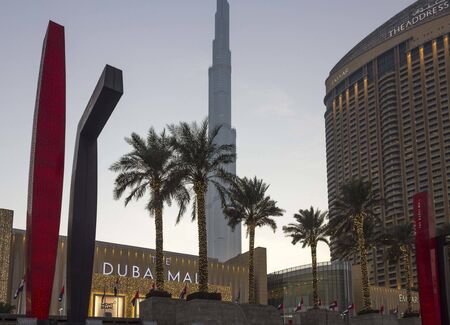 DUBAI, UAE - DECEMBER 28 2017: Dubai Mall facade at Christmas time with BurjKhalifa in the backgroundのeditorial素材