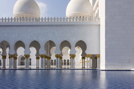 ABU DHABI, UAE - DECEMBER 28 2017: Pool of the Sheikh al Zayed mosque