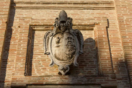 PERUGIA, ITALY - DECEMBER 9 2016: relief detail on a brick wall of Perugia, Italyのeditorial素材