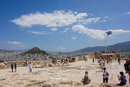 ATHENS, GREECE - AUGUST 13 2016: Acropolis site in Athens with view on cityscape and hillsのeditorial素材