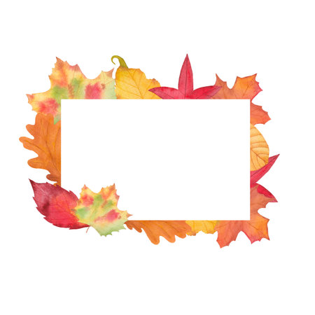 Autumn Watercolor Frame with Leaves. Isolated on White Background. Fall Illustration for Sales,...