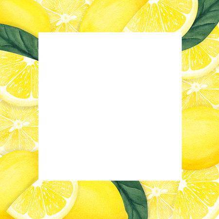 watercolor yellow lemon round frame - fruit, slice, leaves, green, hand painting. illustration isolated on white background. Design for invitation, greeting cardの写真素材