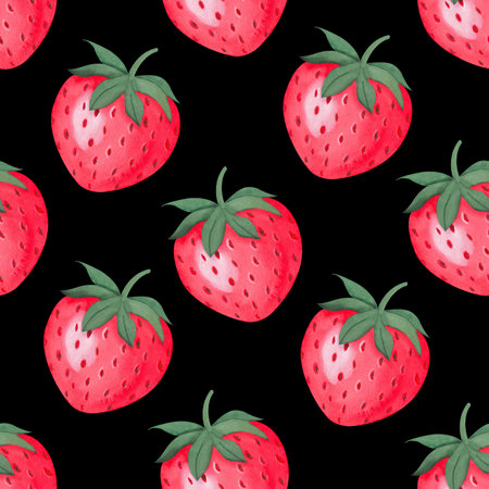 watercolor red strawberries seamless pattern on black background. Design for textile, fabric, wrapping paper.design scrap book paper, invitations and otherの写真素材