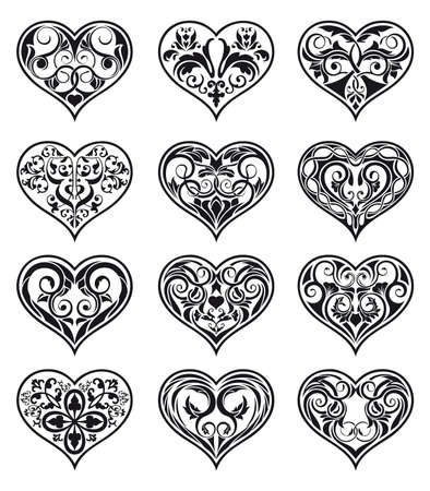 Set of mixed Valentine ornamental heart-shaped floral classical decorations in Arabesque styleのイラスト素材