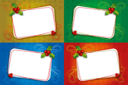 set of Four different in colours Christmas card with mistletoe and blank frame to write your textのイラスト素材