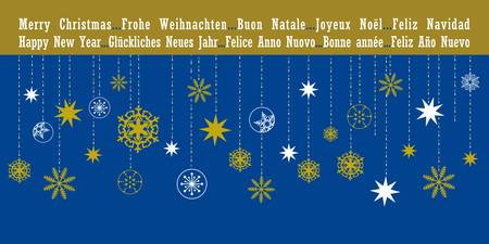 Christmas greetings card with hanging snowflakes in five different languagesのイラスト素材