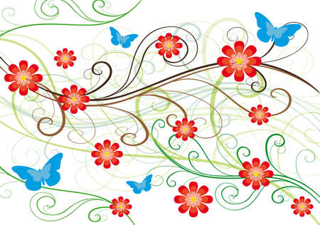 red flowers and butterflyes, abstract natural theme background decorationのイラスト素材