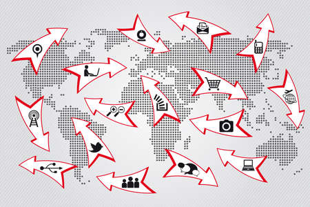 abstract world map with global icons in arrows, communication conceptのイラスト素材