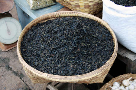 tea leaves in a market in Kalaw, Myanmarの写真素材