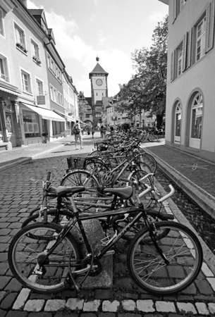 Freiburg historical downtown with line of bikes in their parking, Black Forest, Germanyのeditorial素材