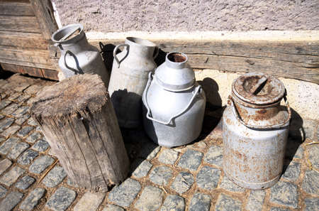 fresh milk tins in the countryの写真素材