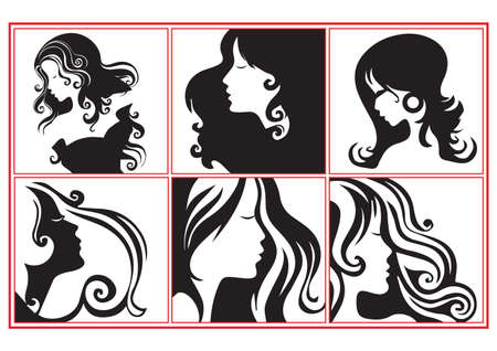 collection of fashion women profiles illustration in black and whiteのイラスト素材