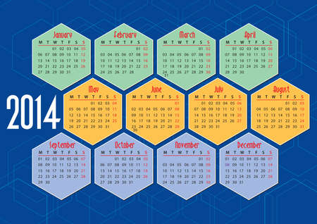 2014 english calendar with hexagons, flat coloursのイラスト素材