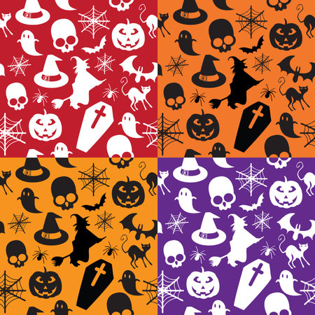 seamless Halloween pattern with most famous icons in four squaresのイラスト素材