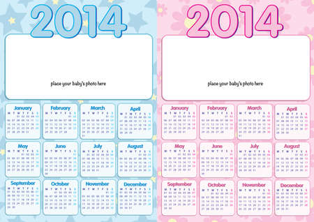 baby calendar 2014 in english, for boy and girl, with photo-frame and copy-spaceのイラスト素材