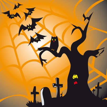 Halloween theme square card with dry tree in the cemetery and batsのイラスト素材
