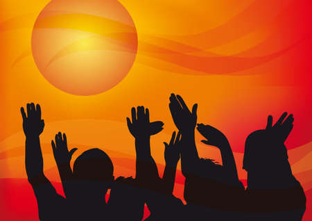 people hands up to the sky at sunset, emotional illustrationのイラスト素材