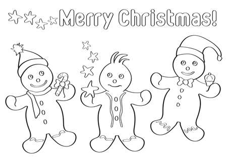 Three Gingerbread Christmas men for children scrap-booking, only black outlineのイラスト素材