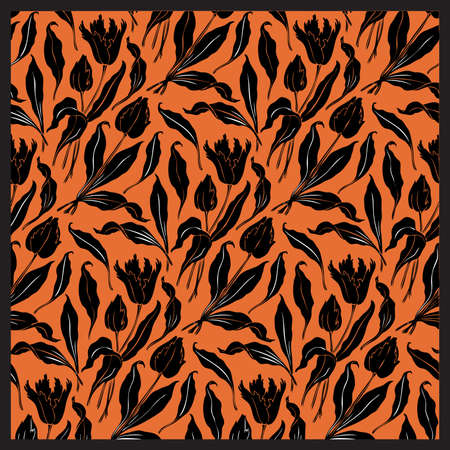 flowers and leaves orange pattern, oriental styleのイラスト素材