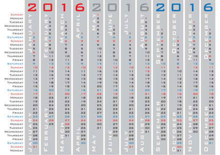 vertical days calendar 2016 english languageのイラスト素材