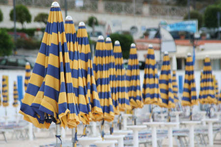 beach umbrellas in Sirolo, italyの写真素材