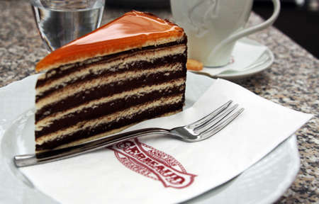 Dobos cake, iconic and symbolic sweet at the famous historical Gerbeaud Cafe in Budapest, Hungaryのeditorial素材